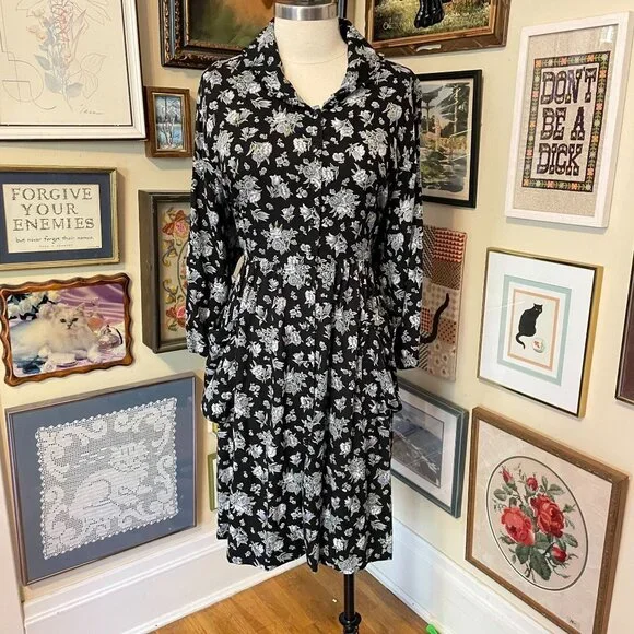 April Cornell 2X Floral Black & White Floral Dress With Long Sleeve & Tie Waist - Picture 1 of 5
